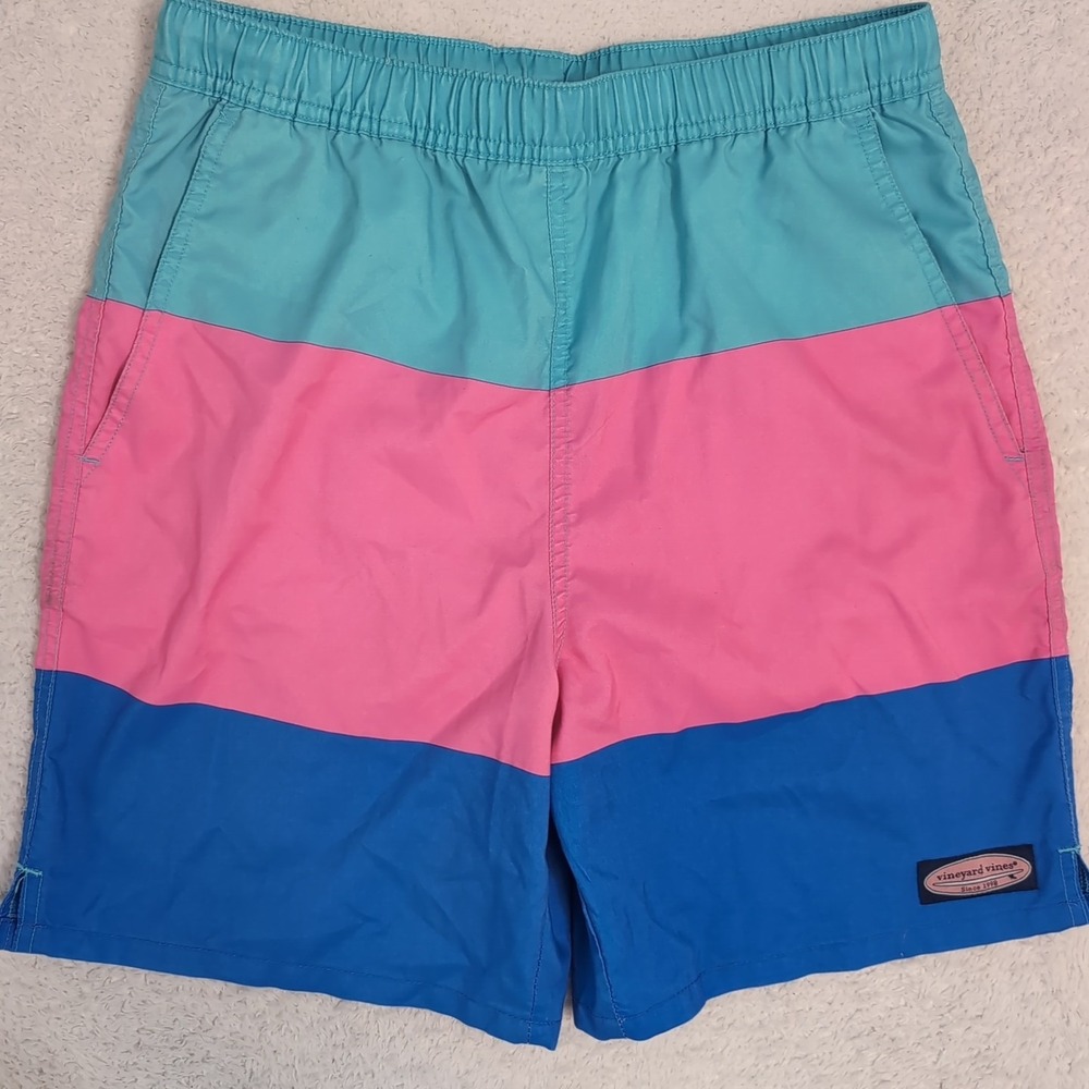 Vineyard Vines Board Shorts‎ L (16) Blue Teal Pink Colorblock Preppy Lined